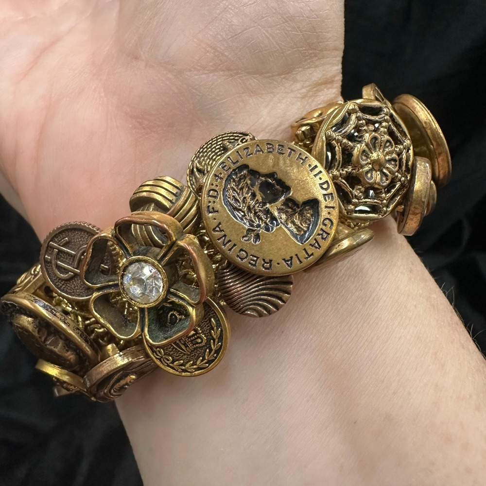 Gold Coin Charm Stretch Bracelet Egyptian‎ Revival Steampunk Boho Statement